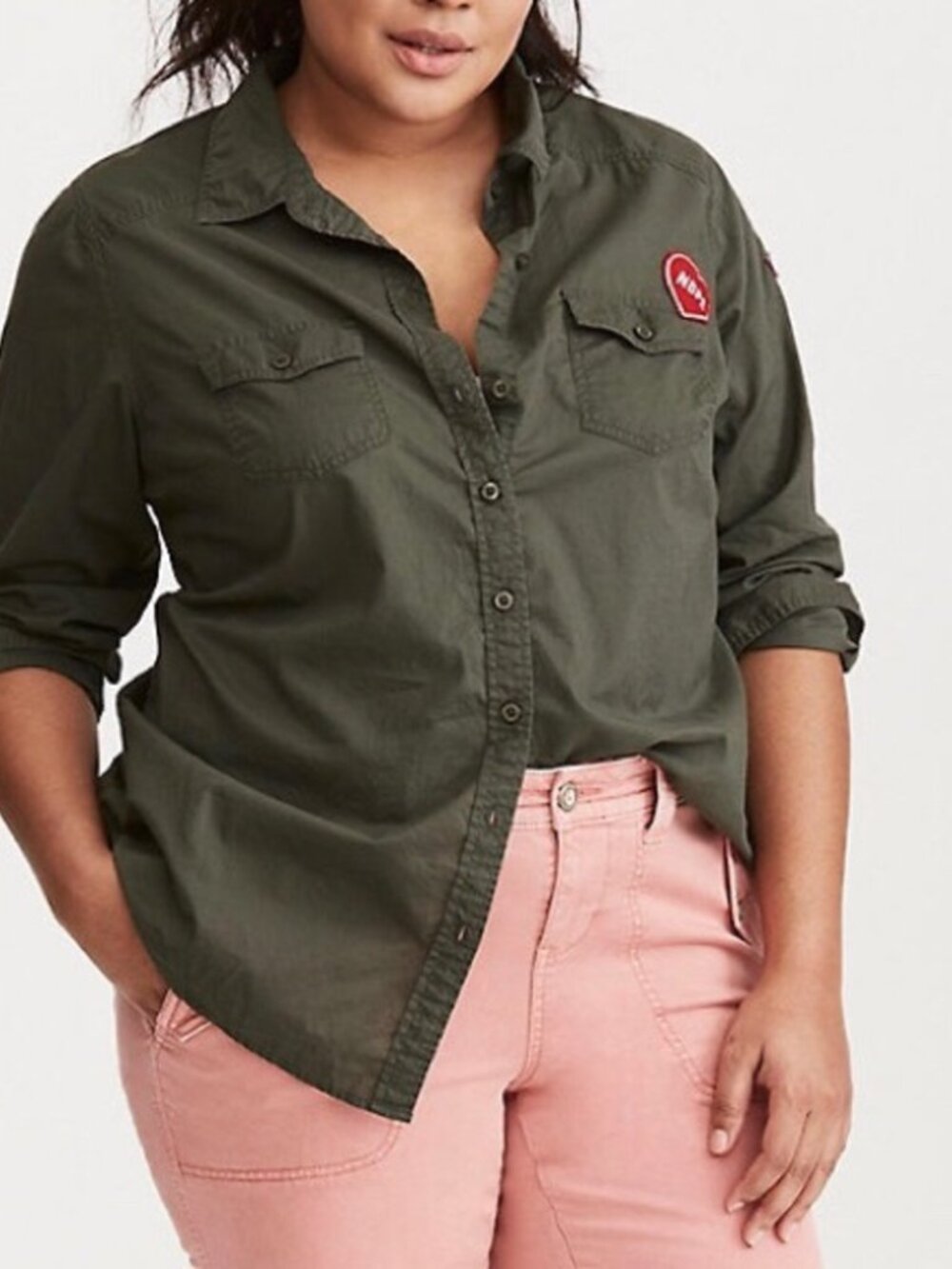 Torrid Army Green Long Sleeve Button Down Shirt Patches Size 3X